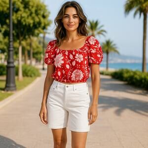 Haute Hippie Linen Blend Floral Crop Top  Elastic Puff Sleeves Square Neckline M